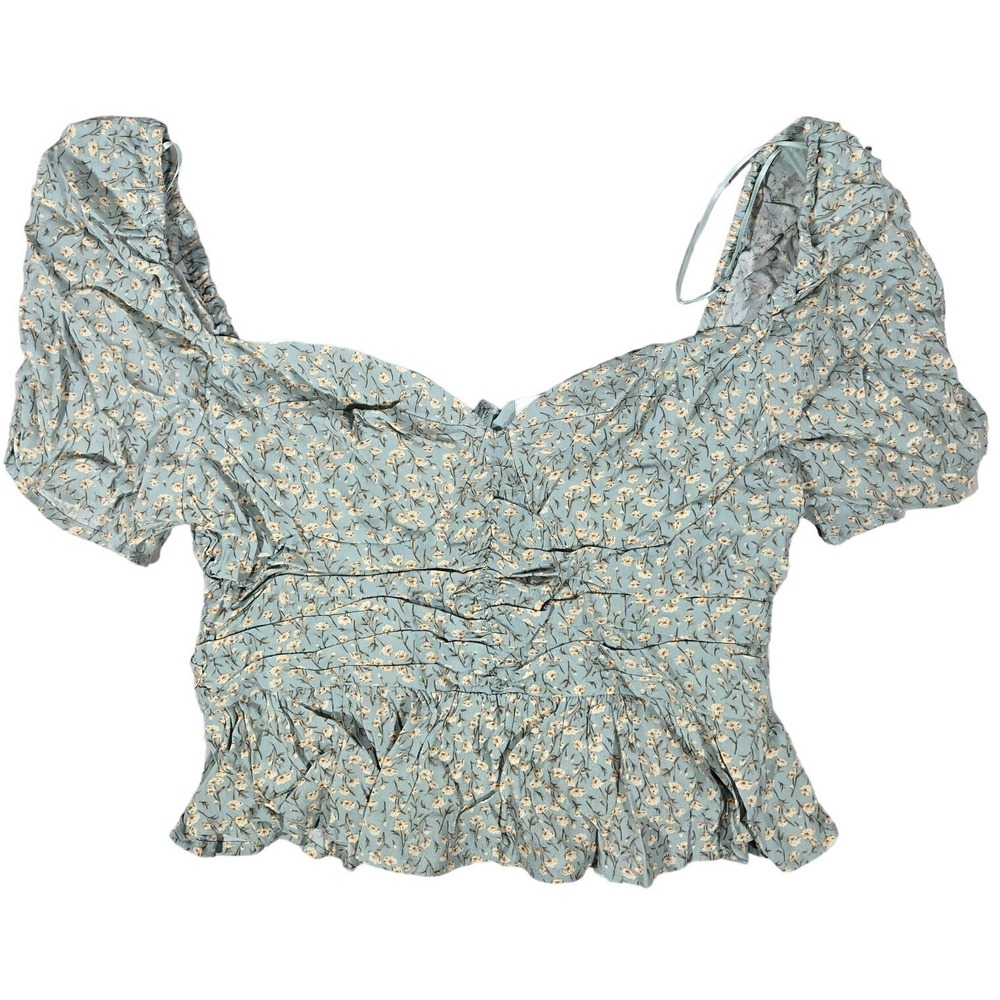 ASTR The Label Blue Ditsy Floral Smocked Puff Sleeve Sweetheart Neckline Top L